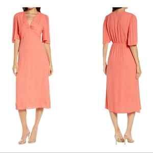 Chelsea 28 Dress Large Coral Rose NEW V-Neck Short Sleeve Lined Midi-Length